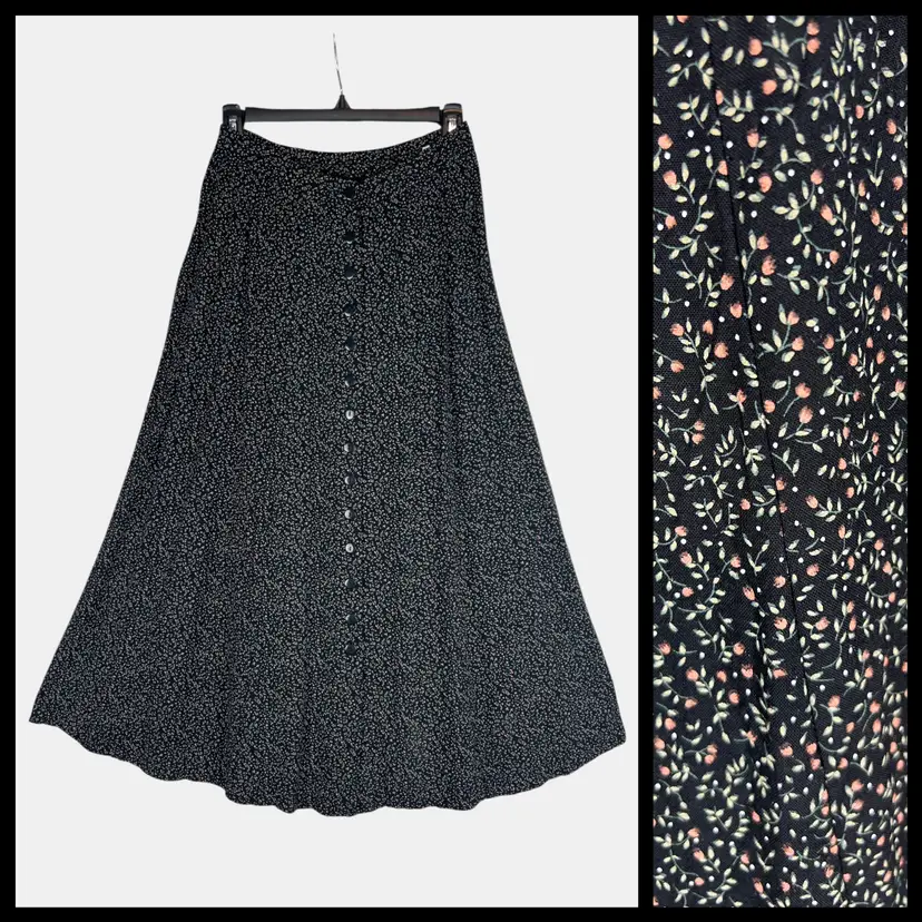 Vintage Rayon Floral Midi Skirt Button Front Black Cottagecore 90s XS S