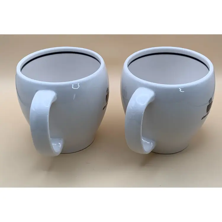 2 VTG Starbucks Abbey “Steaming Coffee Cup” Mugs 2004. 14oz. White With Black Trim And Image