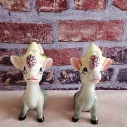 Vintage Ceramic Anthropomorphic Donkey Salt and Pepper Shakers with Fruit Hats Kitsch