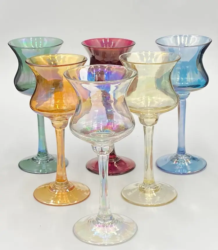 Set of 6 - Iridescent Multi-Colored Stemmed Cordial Glasses/Shot Glasses/Votives