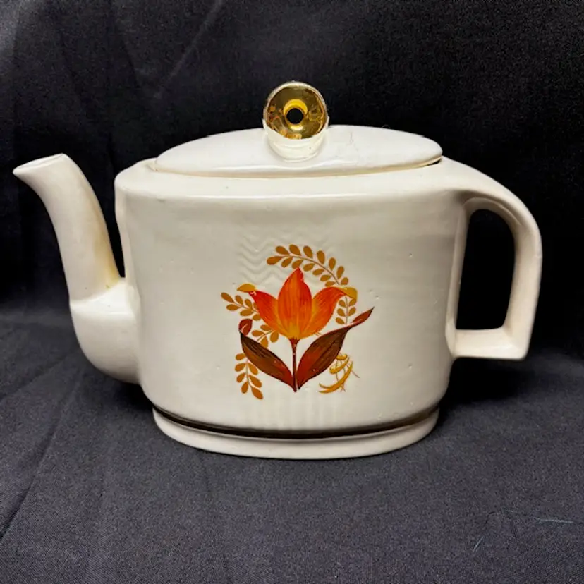 Vintage Harker Pottery Bakerite Orange Tulip Teapot with Lid 1940s