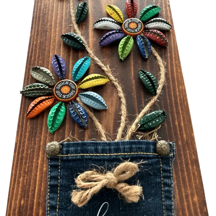 Love Blooms Here Bottle Cap Flowers with Denim Pocket On Wood Plaque