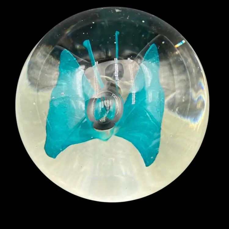 Teal Stretch Butterfly, Clear Bubble Art Glass Paperweight, 2.5" tall