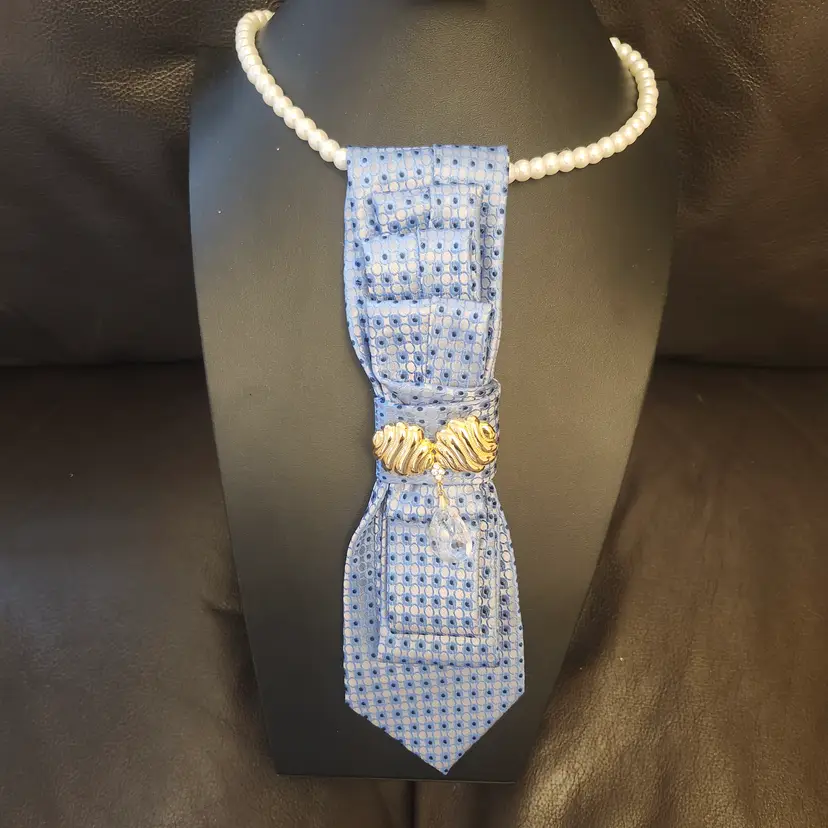 Upcycled Vintage Blue Tie Necklace with Pearl Accent and Brooch s