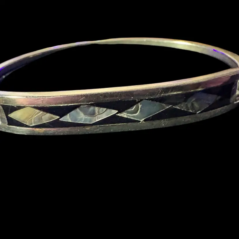 Vintage Alpaca Silver MOP Onyx Inlay Cuff Bracelet 2-3/16"  512