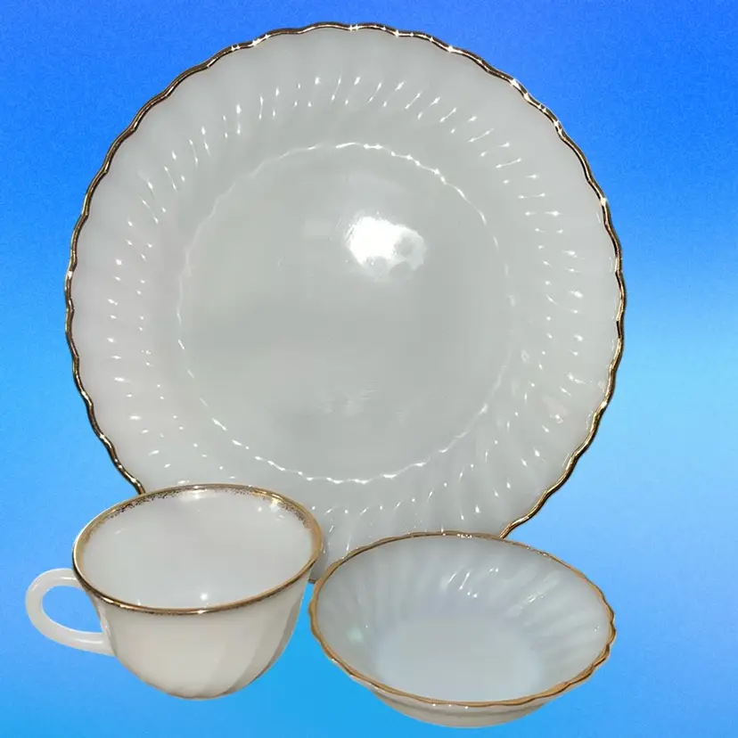 Vintage Anchor Hocking “Fire King” Milk Glass With Gold Edge 10” Dinner Plate, Fruit Bowl 4.5” Wide, and Coffee/tea Cup Set , Price Includes All Three Pieces. Lunch Parties, Baby Or Wedding Shower, Cottage Core