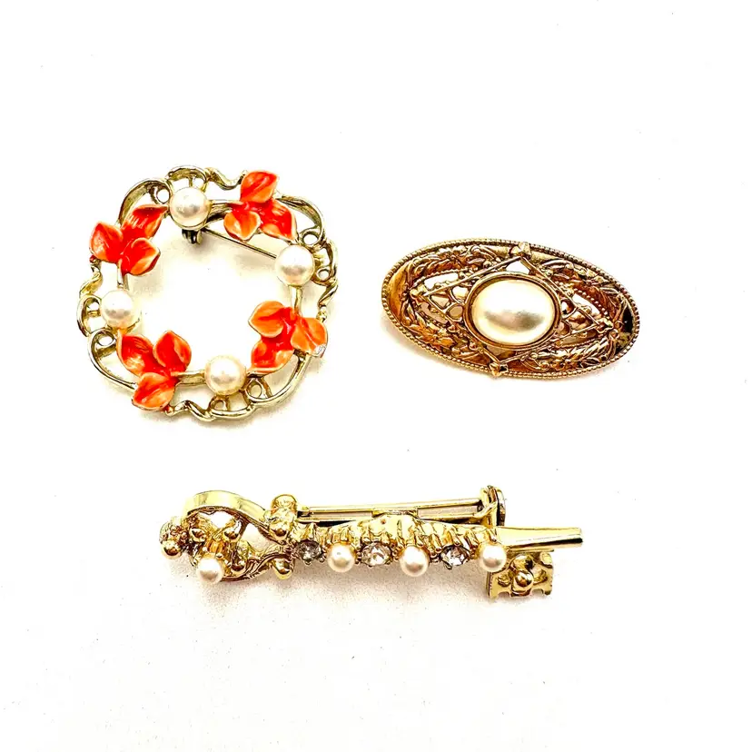 Brooch Lot Gold Tone Faux Pearl Floral Orange Enamel Key Bridgerton Inspired Jewelry