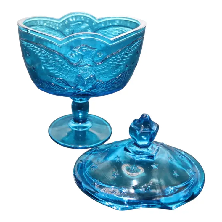 22) L.E. Smith Patriotic Eagle Lidded Compote Peacock Blue 8 1/2” Tall