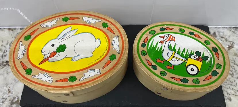 Set Of Two Vintage Nesting Bent Wood Boxes, Bunny, Duck Easter