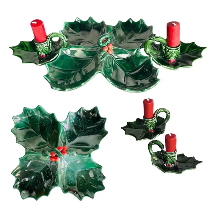 Lefton Holly & BerriesChristmas Console Set 4 Section Appetizer Condiiment Dish 3 1/2” w/handle2 Candlestick Holders