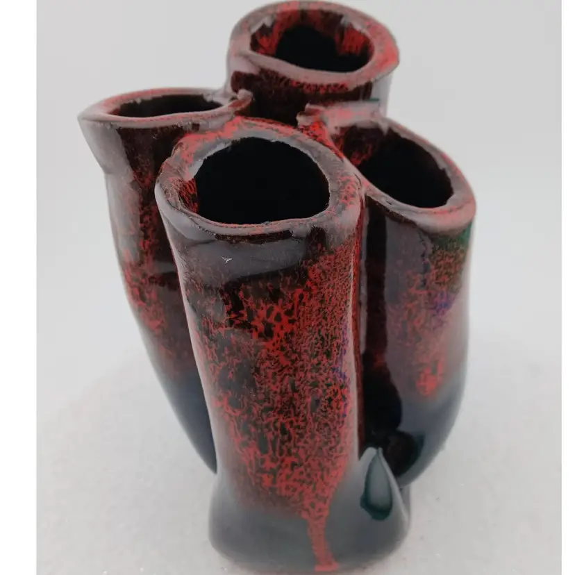 Vintage 4 stem/spout/finger Mud Place Pottery Vase - Maroon & Black Drip Glaze