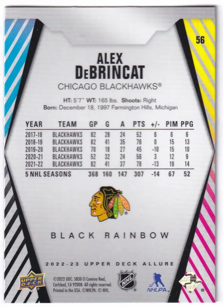 2022-23 Upper Deck Allure Black Rainbow #56 Alex DeBrincat Chicago Blackhawks Hockey Card