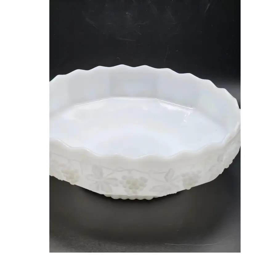 Vtg Anchor Hocking 10" Milk Glass Grape And Leaf Design Fire King Footed Bowl