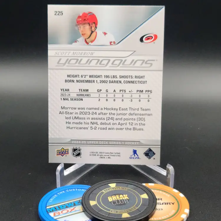 Scott Morrow YG 2024-25 Upper Deck Series 1 Hockey Young Guns Card #225 - Carolina Hurricanes