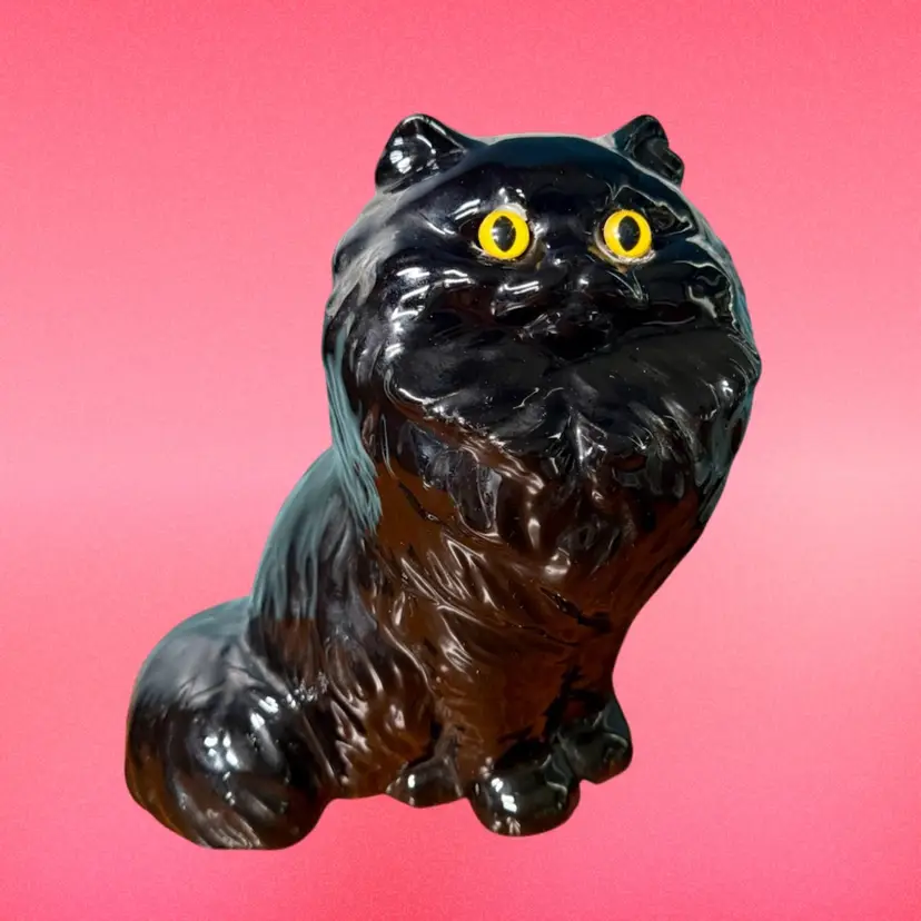 Vintage 90's 8" Lg Black Persian Ceramic Cat Figurine, Sitting, Glass Eyes
