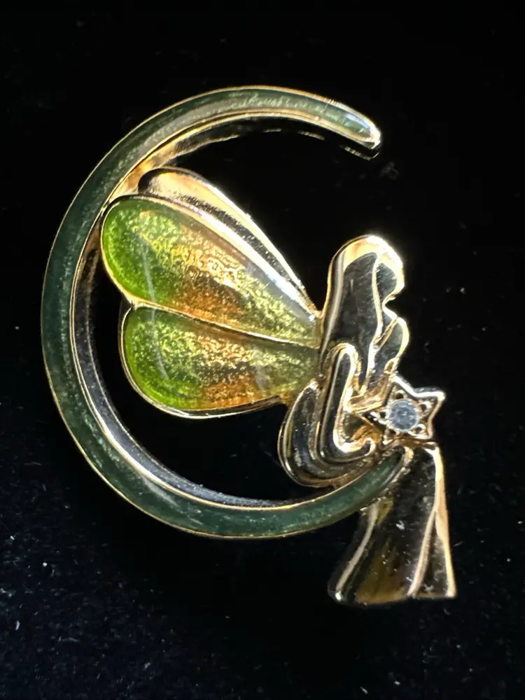 Broach / Pin Angel Sitting on the Crescent Moon Butterfly Wings Green Goldtone