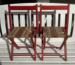 Set of 2 Vintage Red Wood & Fabric Child's Folding Camp Stool Chair Seat Cabin