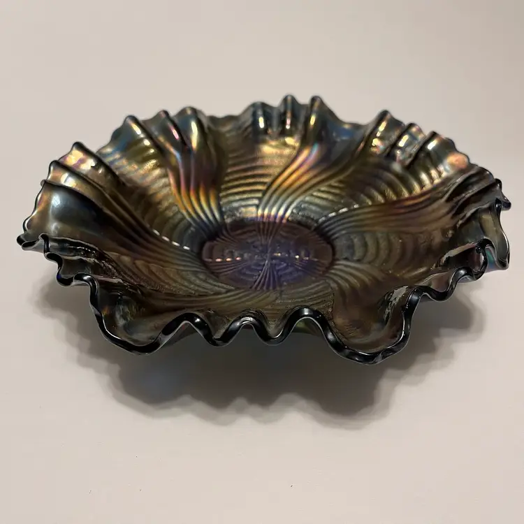 Fenton Blue Carnival Glass Ribbon Tie Comet 3 in 1 Ruffle Edge 9" Bowl 1911-1920