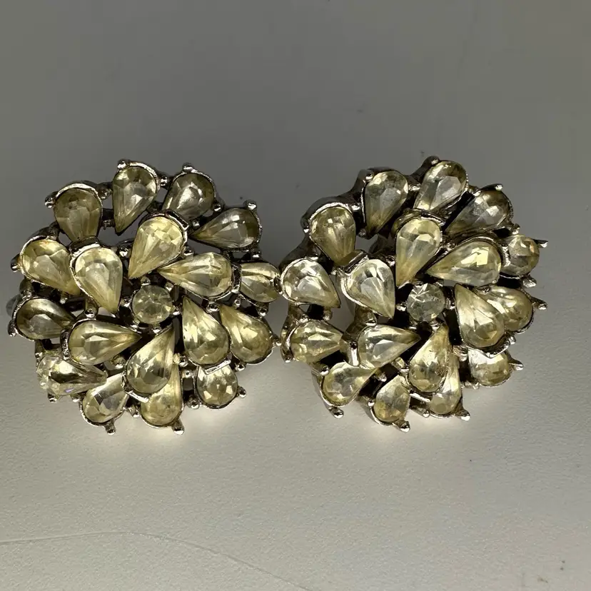 Crown Trifari Rhinestone Flower Cluster Clip on Silver-tone Earrings