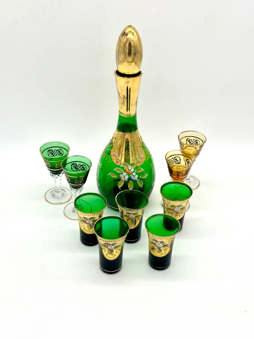 Decanter Set Vintage Czech Bohemian Green w Gold Detail Hand Painted 4 Shot Glasses Plus 4 Extra Sherry Glasses