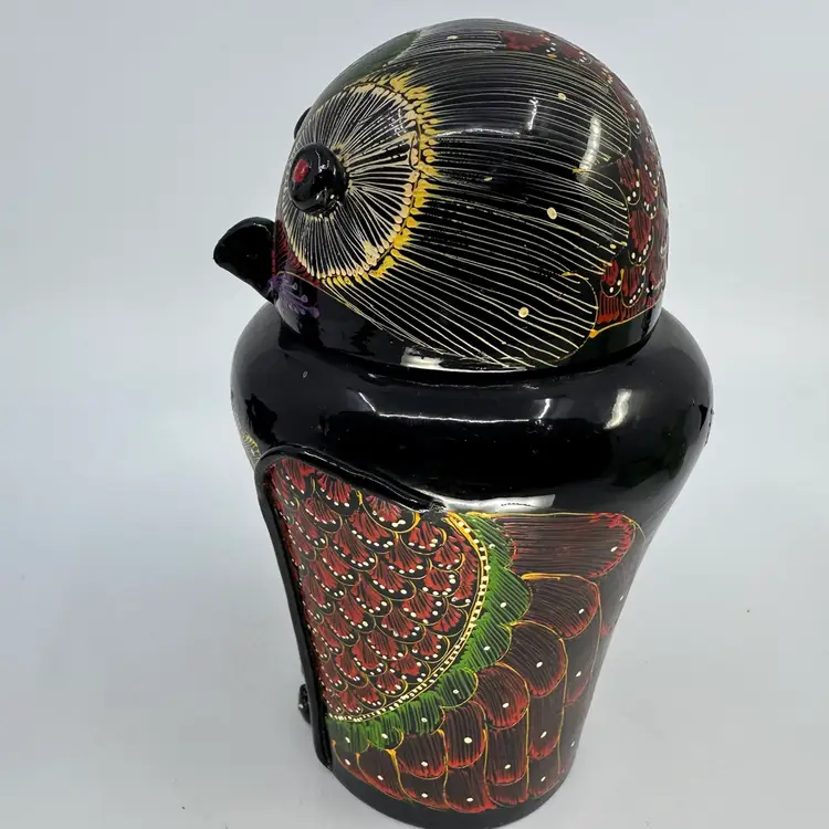 Hand Painted Lacquered Owl Jar for Trinkets