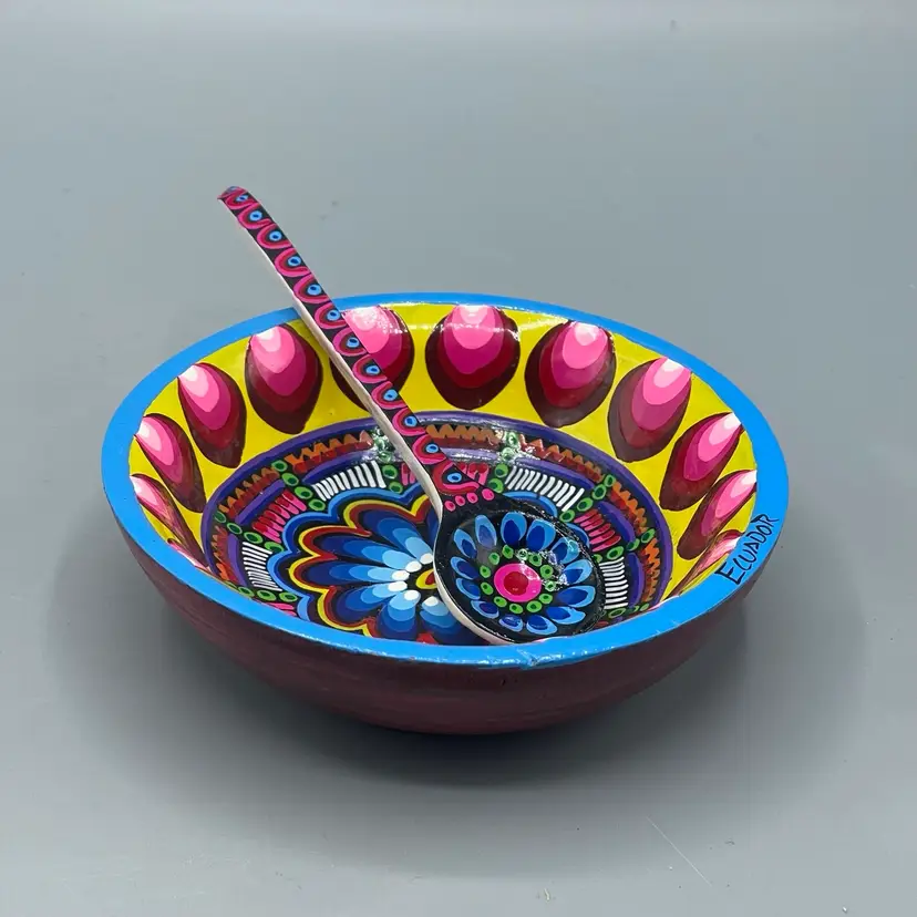 Ecuador Souvenir Hand Painted Wooden Bowl & Spoon Bright Rainbow Colorful