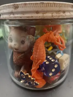 Vintage Jar Full of Trinkets/Miniatures/ Mini Miniatures/ Miniature Lot for Your Trinket Shelf.