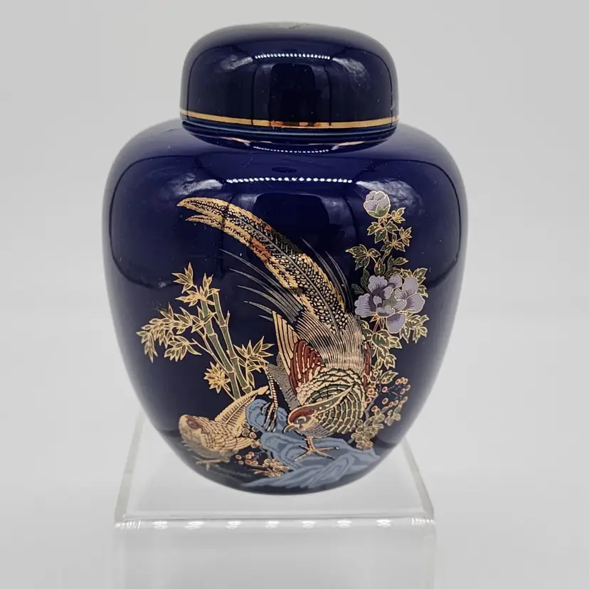 Porcelain Ginger Jar Cobalt Blue With Gold Cloisonne Floral and Bird VTG 5" Tall