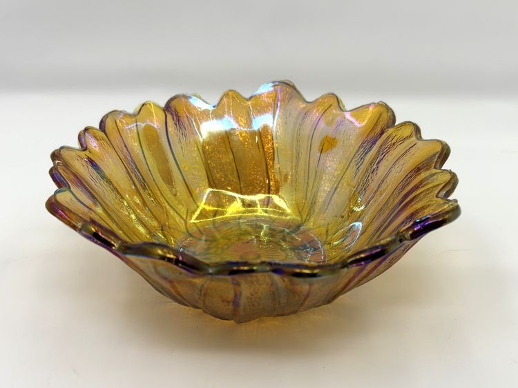 Iridescent Amber Glass Sunflower Bowl, 7" Vintage Indiana Glass, 1970s Carnival Revival Dish