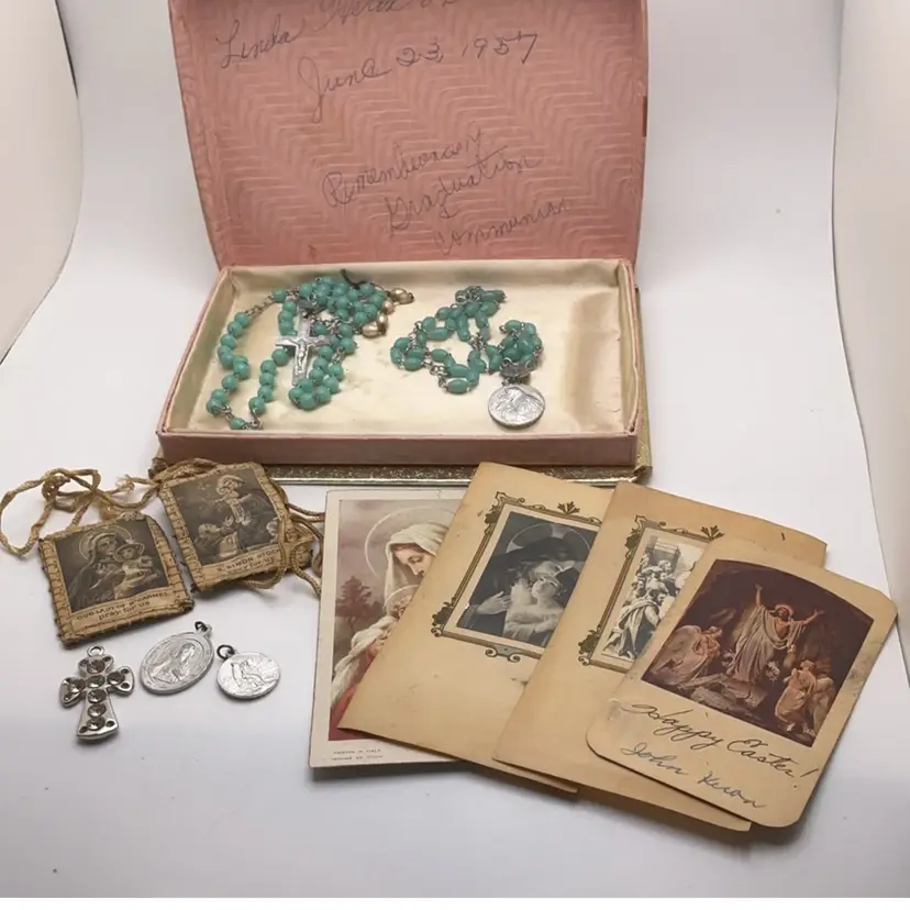 VTG Religious Lot Rosary Medallions Prayer Cards Rhinestone Cross