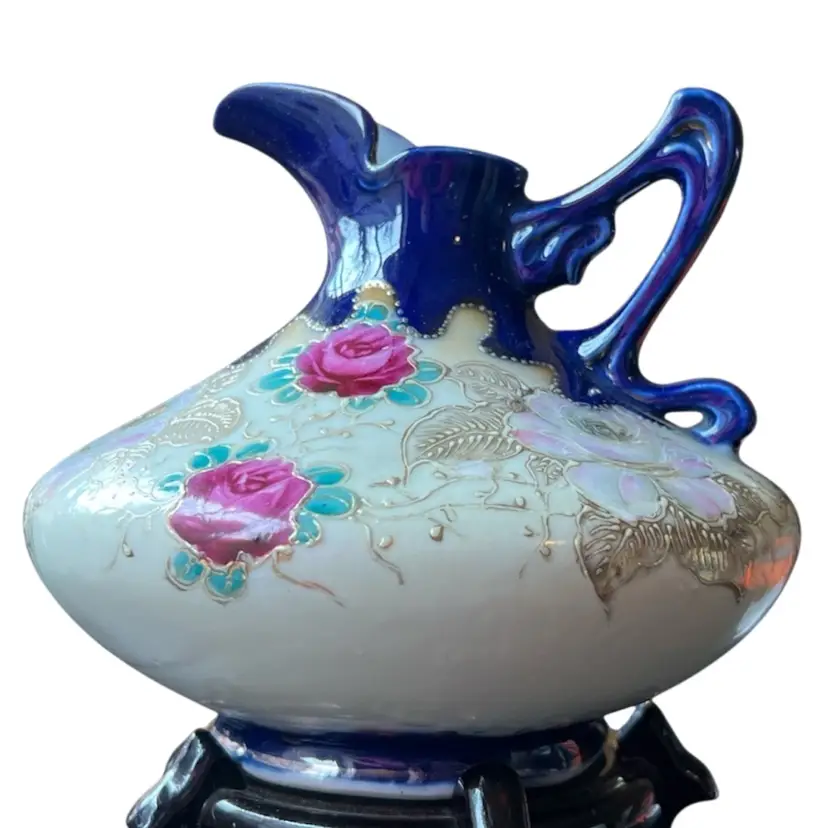 Antique Victorian / Hand Painted Nippon / Japanese Cobalt Blue Vase or Pitcher with Gilt & Floral Design