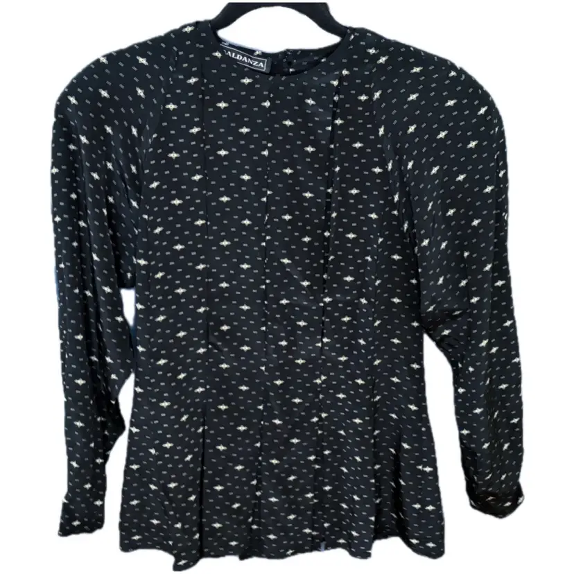 Vintage Black Peplum Silk Blouse Shirt Size 4 Small Geometric Print Whimsigoth