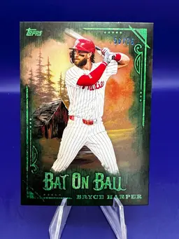 Bryce Harper 2025 Topps X Bob Ross Joy Of Baseball Bat On Ball Insert Sap Green /75