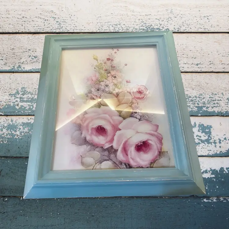 Made By Me Upcycled Spring Floral Blue Pink Hand Painted Frame Framed Wall Art French Country, CottageCore Decor Chateaucore