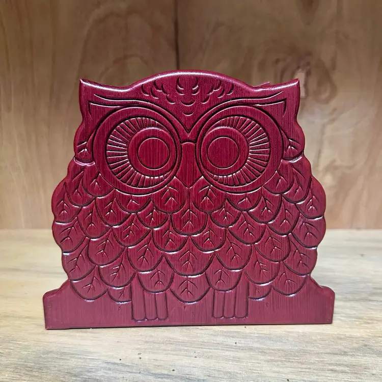 VTG Wood Carved Doubled Sided Owl Napkin Holder Letter Organizer Red