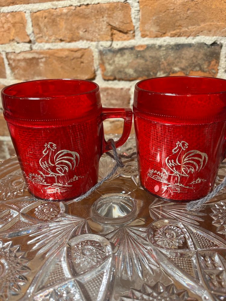 Vintage Insulated Coffee Cups, Red With Roosters