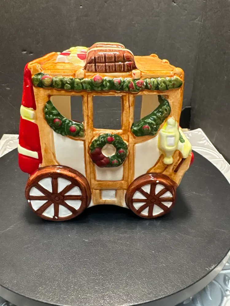 Vintage Hand Painted Ceramic Christmas Stagecoach Candle Holder