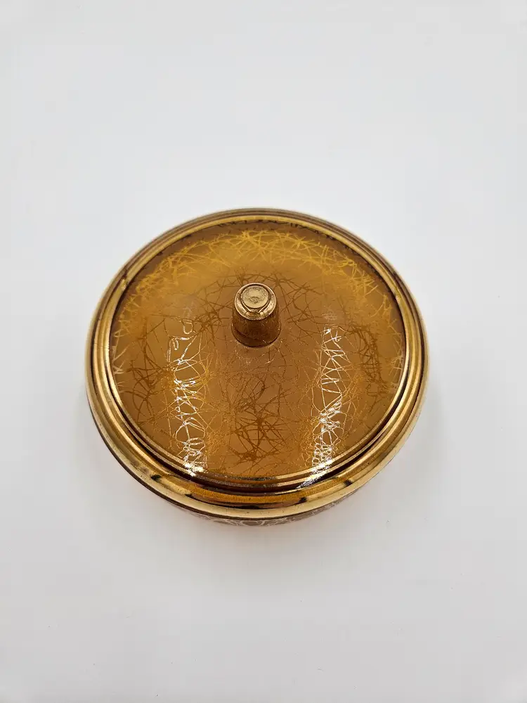 #B38 DeVilbiss Amber with Gold Tone Lidded Powder Dish