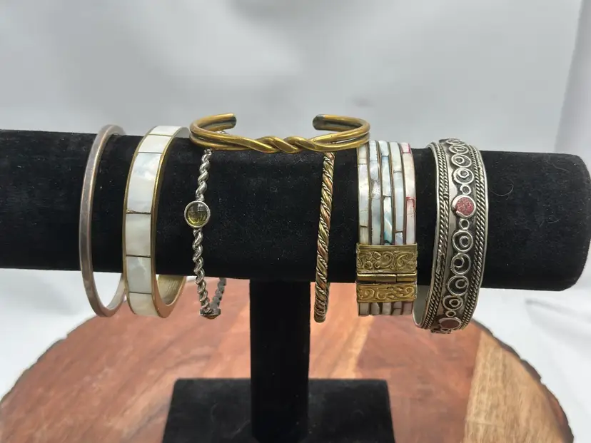 Vintage Brass Mother Of Pearl Coral Stainless Copper Bangle Cuff 7 Lot Bracelets