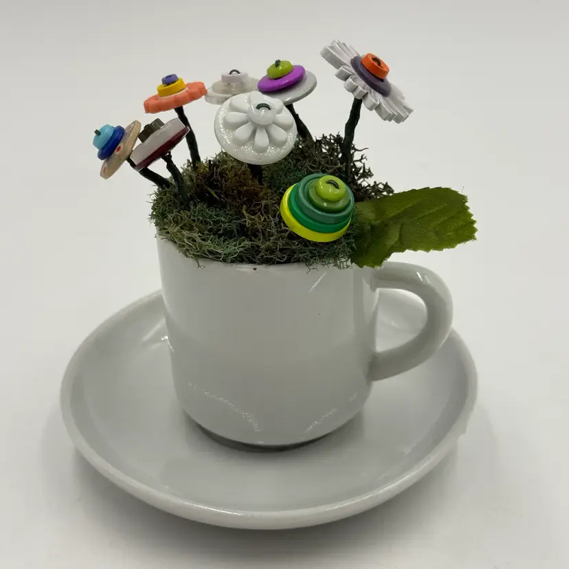 Handcrafted Button Flowers Garden Bouquet Teacup Figurine Whimsical Cute Decor