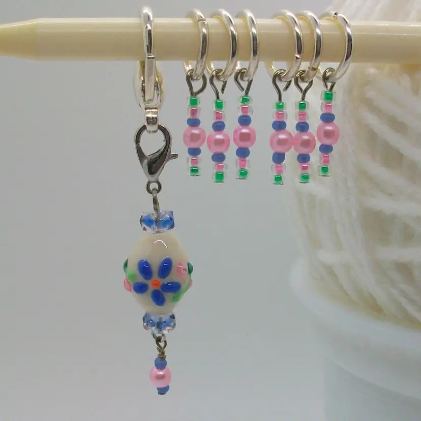 Oval Lampwork Flower Bead Knit Crochet Begin Row Marker 6 Pink Blue Pearl Bead Stitch Markers