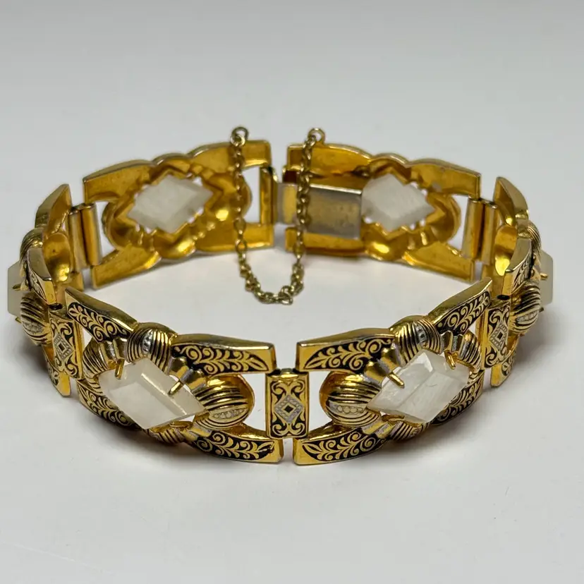 Vintage Damascene Moonglow Lucite Panels Gold Tone 8" Link Bracelet Victorian Revival
