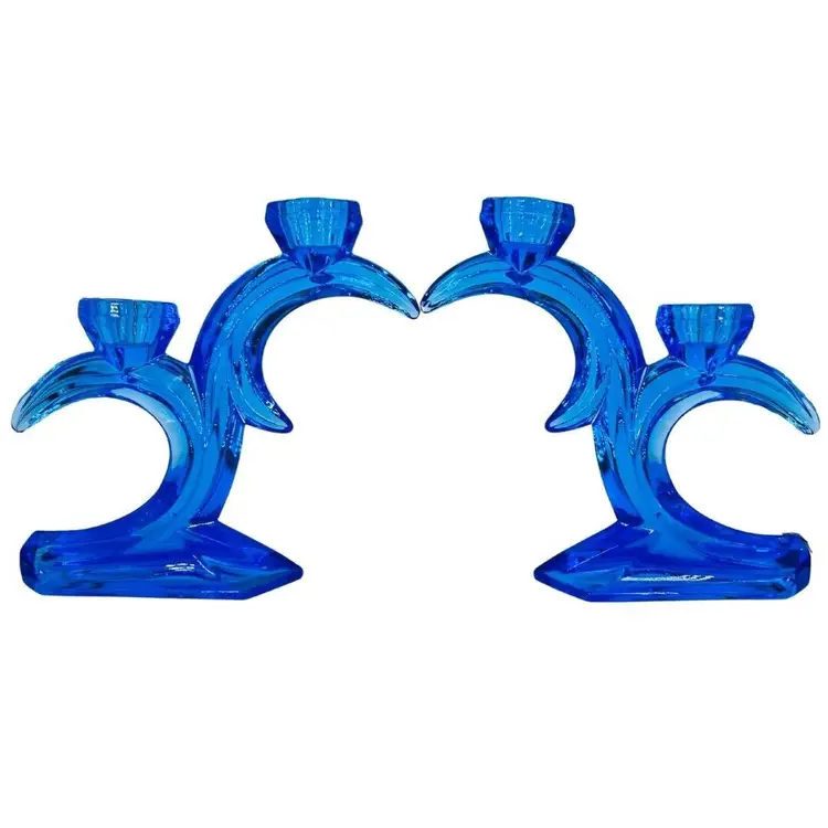 2 Rattenberg Cobalt Blue Lead Crystal Double Crescent Candlestick Candle Holders