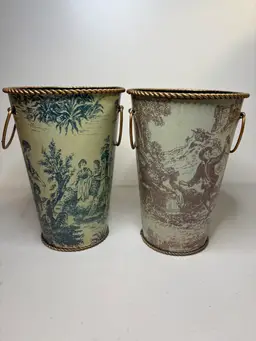 Vintage Pair of Classic Tin Flower Vases 7” Tall x 5” Diameter