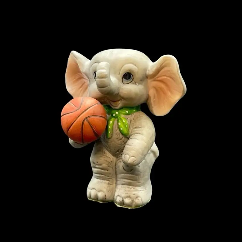 Kitschy Bisque Porcelain Anthropomorphic Basketball Elephant Sports Figurine
