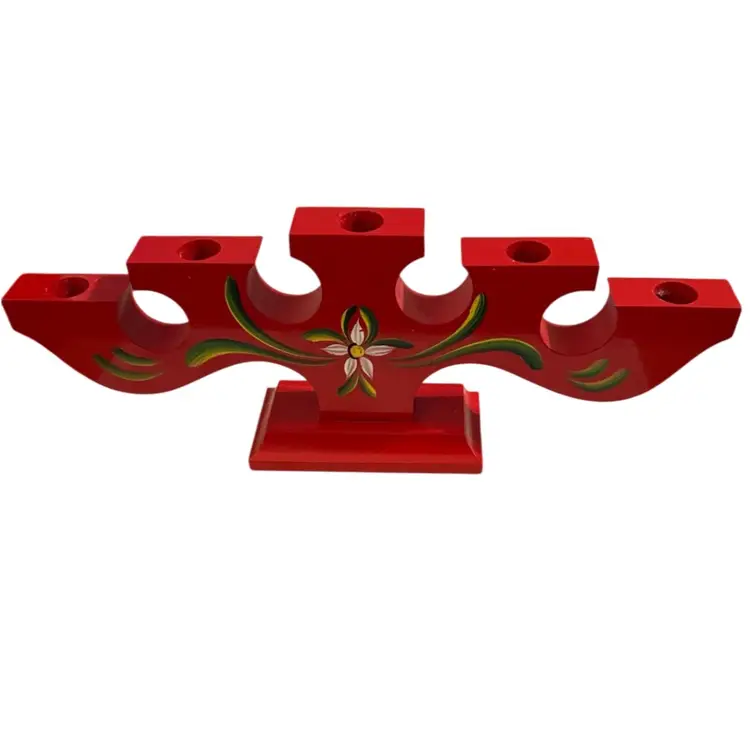 Vintage Red Painted Wood Scandinavian A-bra Slojd Varnamo Sweden 5 Candle Holder