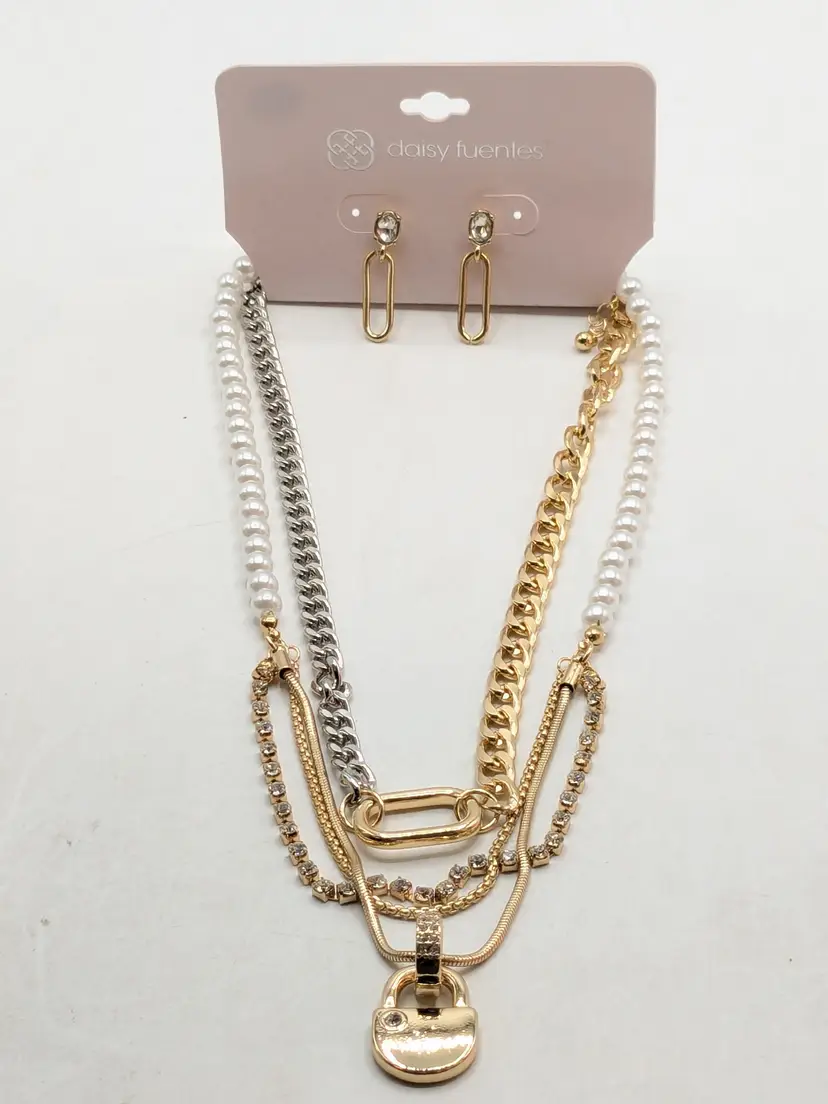 Daisy Fuentes Layered Gold and Silver Tone Lock Necklace Set with Earrings NWT