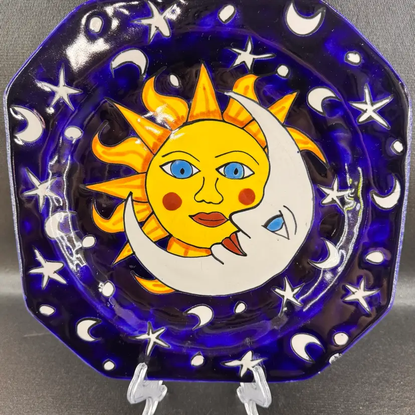 Talavera Mexican Redware Pottery Decorative Wall Plate Moon And Stars