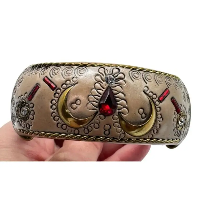 Vintage Wood Bangle Bracelet W/ Gold-Tone Crescent Moons & Red Rhinestones