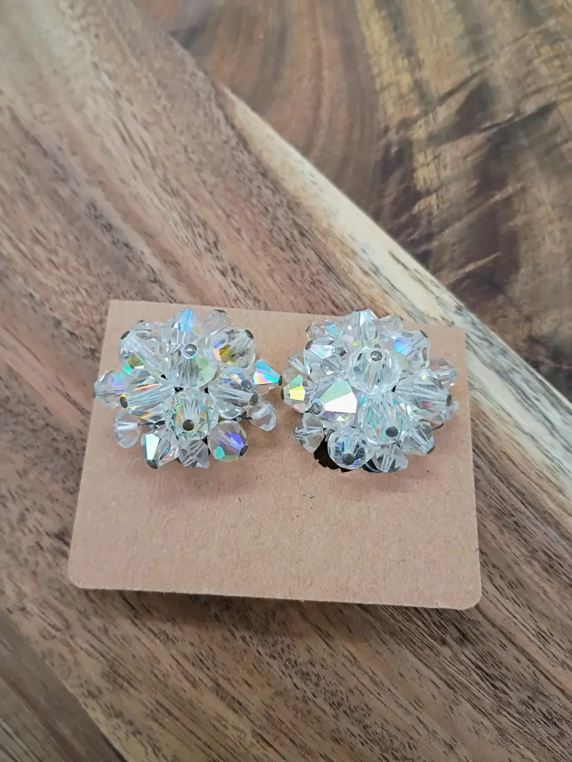 Vintage Aurora Borealis Bead Cluster Clip On Earrings Silver Tone 1"